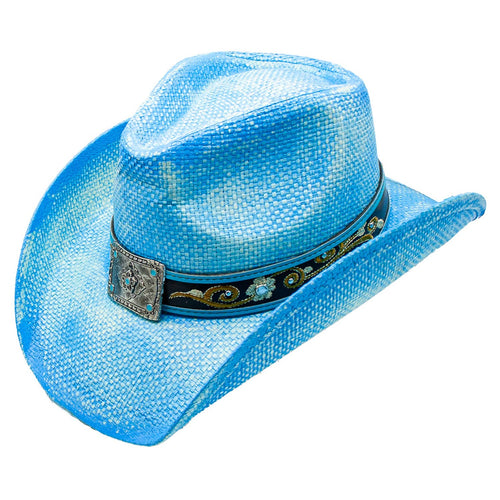 Kika Toyo Straw Blue Buckle Embroidered Drifter Cowboy Hat