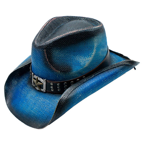 Kinda Straw Star Buckle Leather Studded Drifter Cowboy Hat